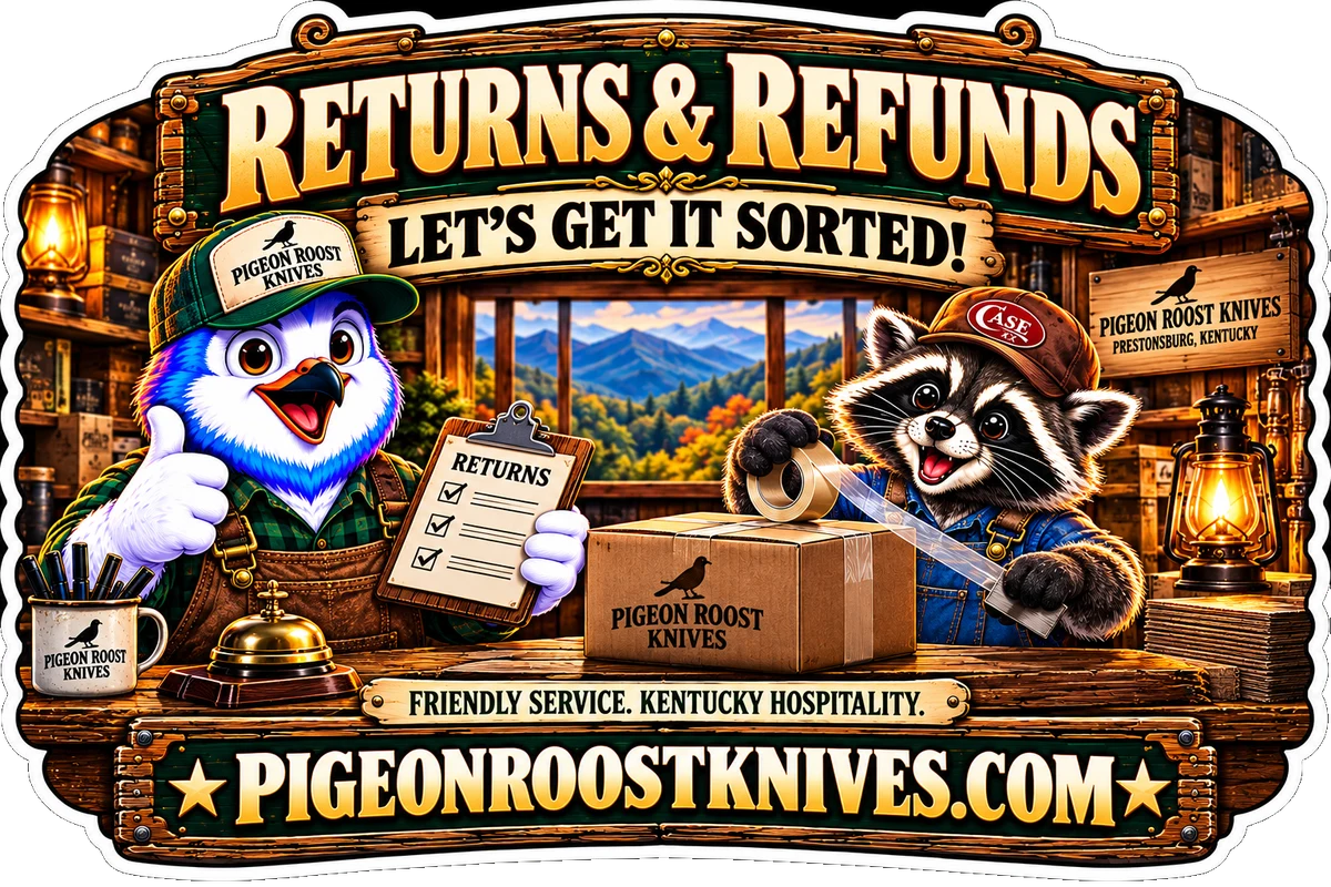 Pigeon Roost Knives pigeon in a Pigeon Roost Knives cap giving a thumbs-up with a Returns checklist, beside a raccoon in a Case XX cap taping up a Pigeon Roost Knives box at the shop counter: Returns and refunds, let's get it sorted, PigeonRoostKnives.com.