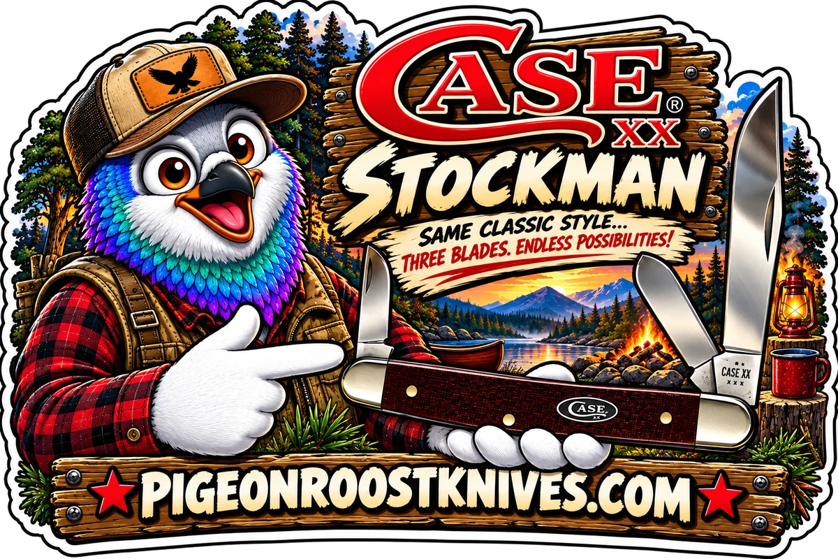 Pigeon Roost Knives pigeon in a trucker cap, plaid shirt and vest holding a three-blade Case XX stockman with a dark red handle by a mountain lake campfire: Case XX Stockman, same classic style, three blades, endless possibilities, PigeonRoostKnives.com.