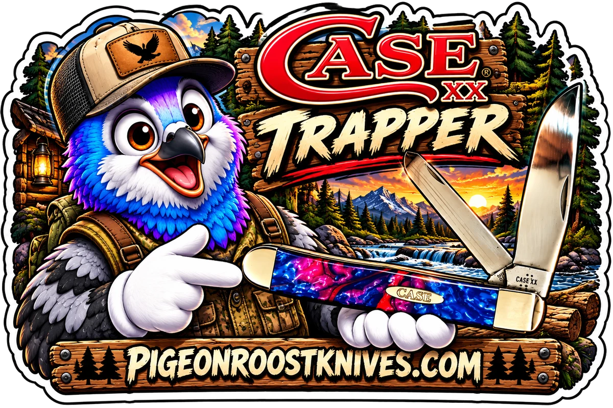 Pigeon Roost Knives pigeon in a trucker cap and hunting vest holding a Case XX trapper with a blue and pink swirl handle in front of a mountain river at sunset: Case XX Trapper, PigeonRoostKnives.com.