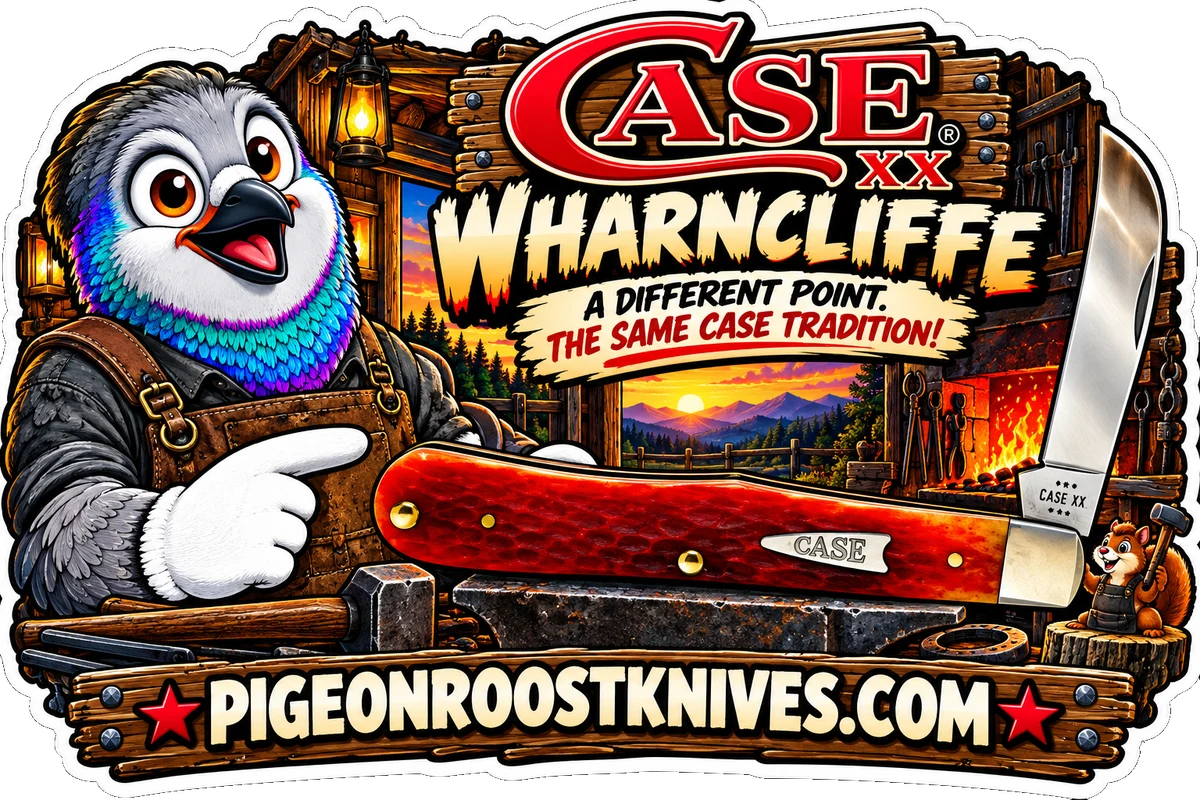 Pigeon Roost Knives pigeon in a leather blacksmith apron holding a Case XX wharncliffe with a red jigged bone handle over an anvil by the forge: Case XX Wharncliffe, a different point, the same Case tradition, PigeonRoostKnives.com.