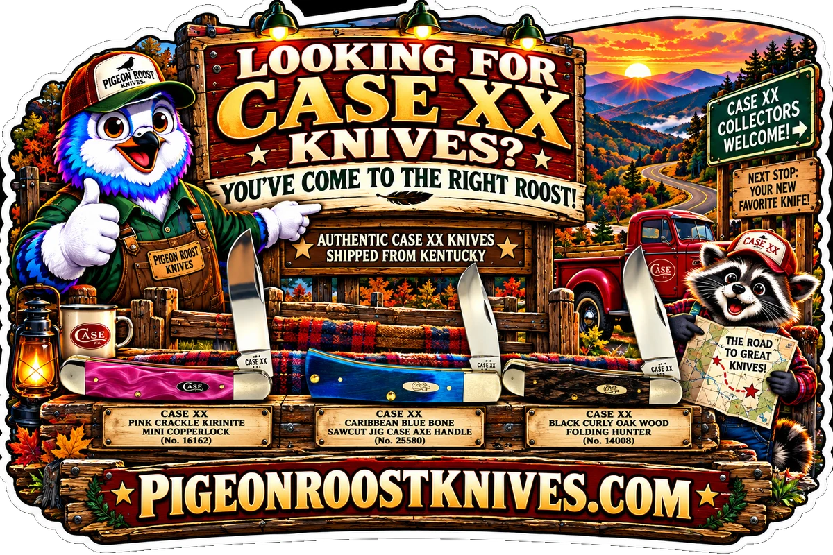 Pigeon Roost Knives pigeon in a Pigeon Roost Knives cap giving a thumbs-up beside three Case XX pocket knives, the 16162 Pink Crackle Kirinite Mini CopperLock, 25580 Caribbean Blue Bone Case Axe Handle and 14008 Black Curly Oak Folding Hunter, with a raccoon holding a map and Kentucky mountains at sunset: Looking for Case XX knives? You've come to the right roost, PigeonRoostKnives.com.