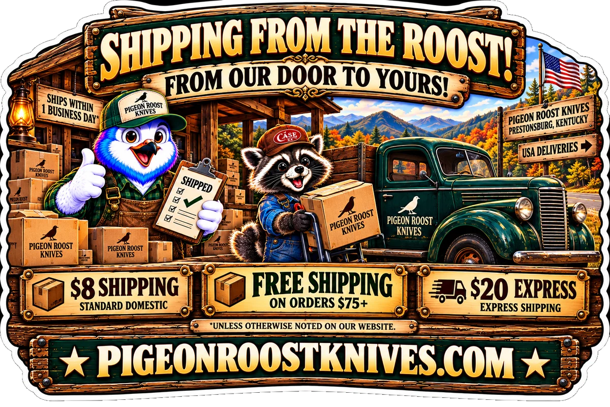 Pigeon Roost Knives pigeon in a Pigeon Roost Knives cap giving a thumbs-up with a Shipped checklist, beside a raccoon loading boxes onto a green Pigeon Roost Knives truck in Prestonsburg, Kentucky: Shipping from the roost, $8 Standard, free shipping on orders $75 and up, $20 Express, ships within 1 business day, PigeonRoostKnives.com.